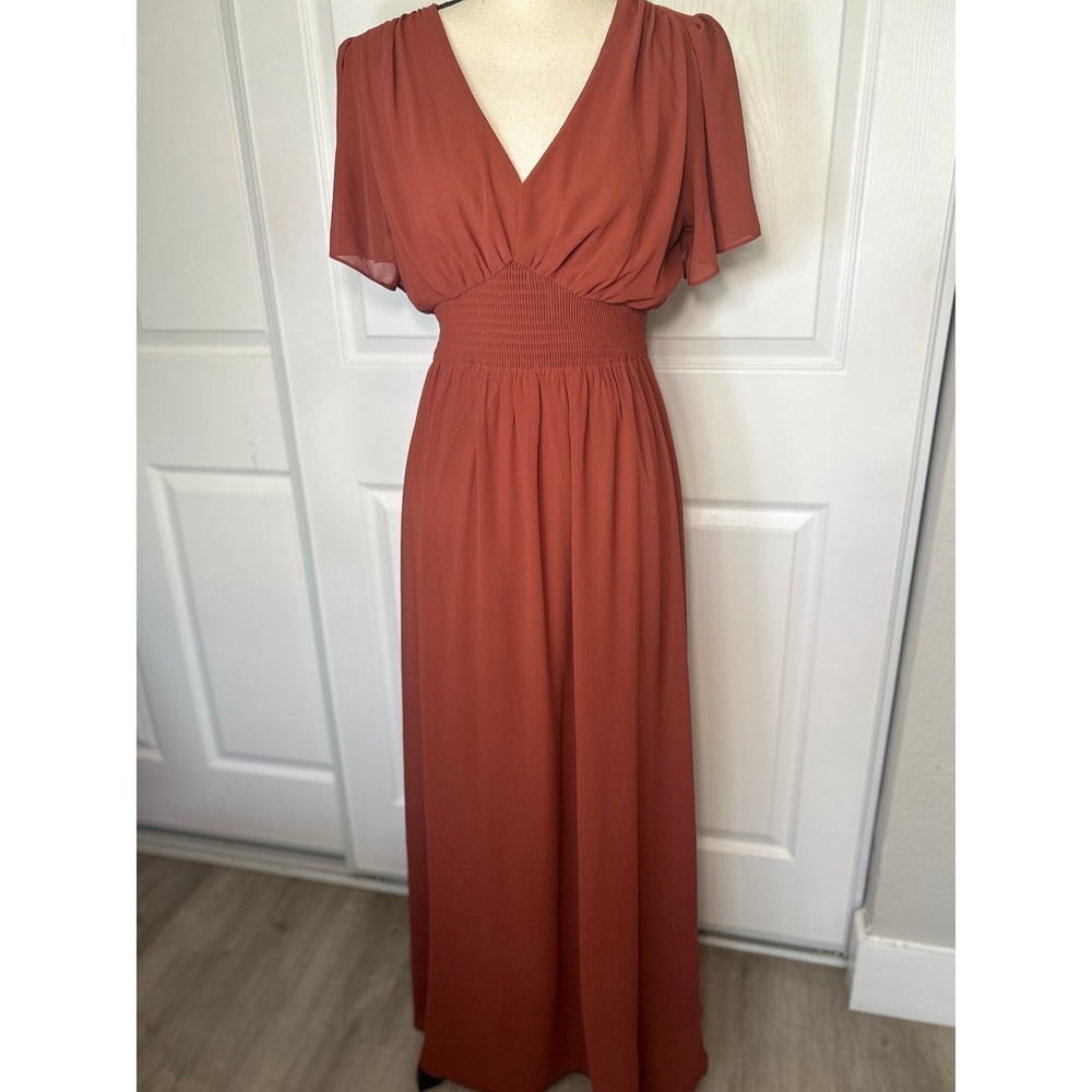 Baltic Born Maxi Dress Smocked V-Neck M Rust Flutter Sleeve Boho Wedding Guest